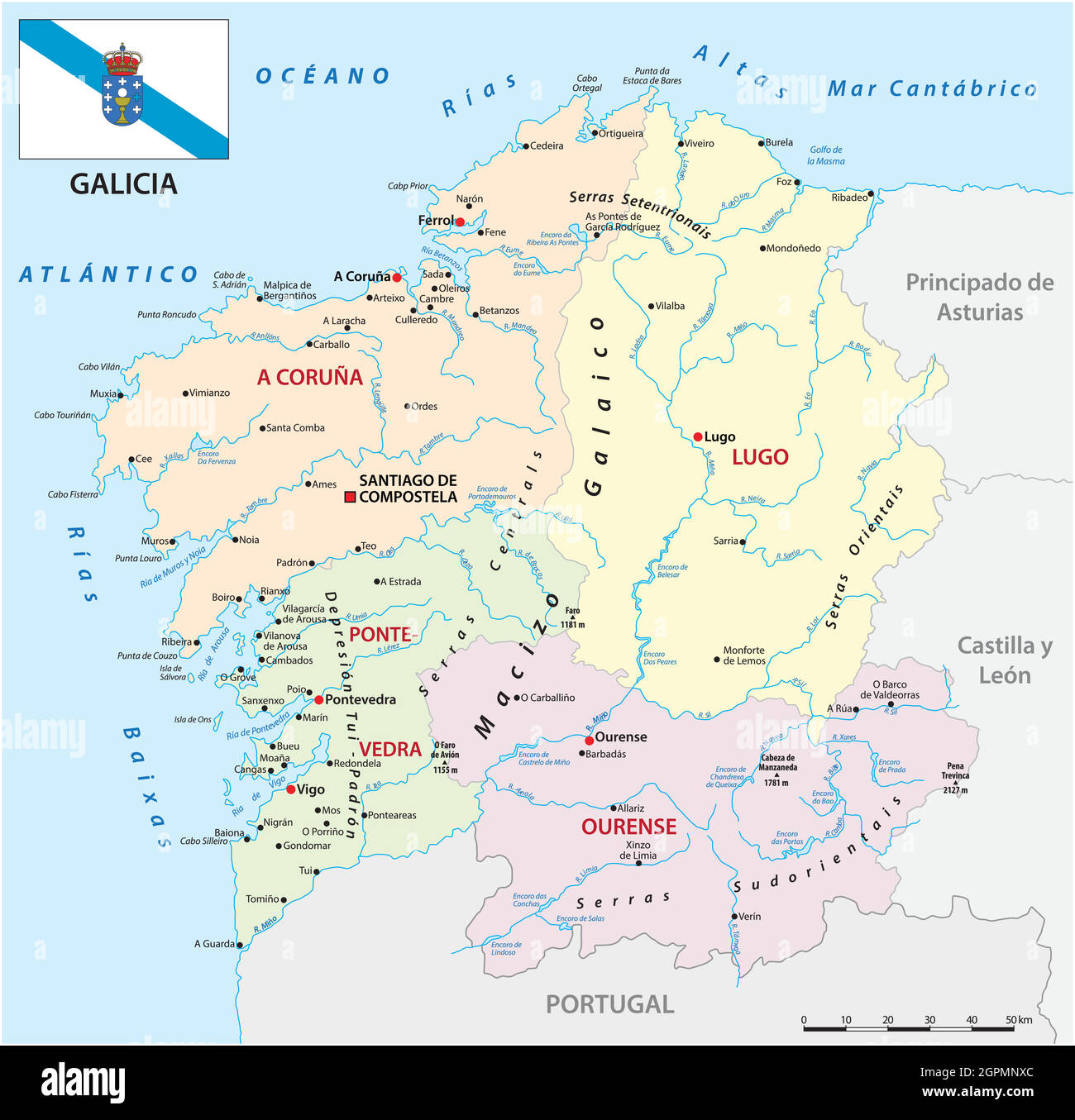 Mappa amministrativa vettoriale delle comunità autonome spagnole della galizia con flag Illustrazione Vettoriale