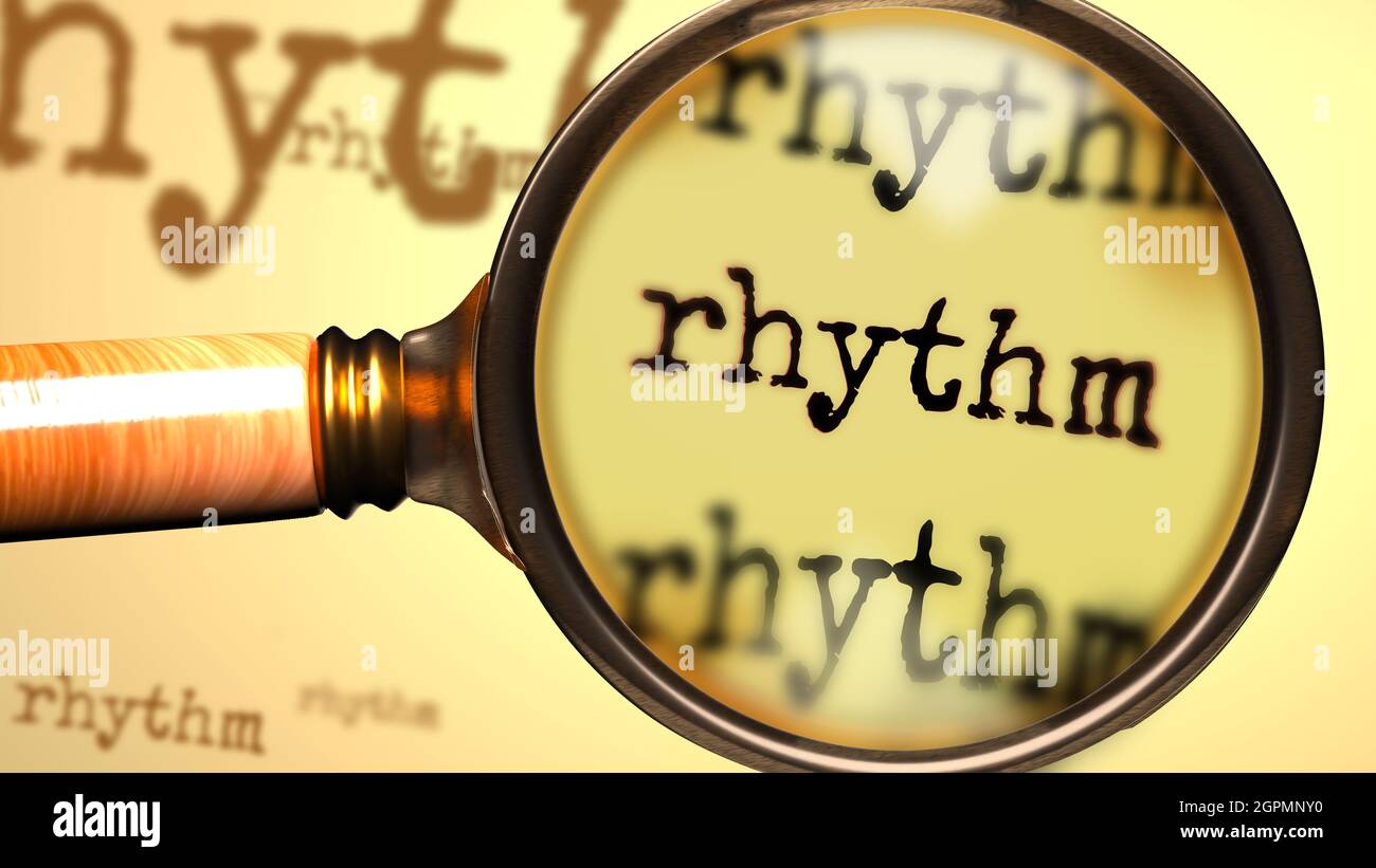 Rhythm e una lente d'ingrandimento sulla parola inglese Rhythm per simbolizzare lo studio, l'esame o la ricerca di una spiegazione e risposte relative ad un concetto Foto Stock