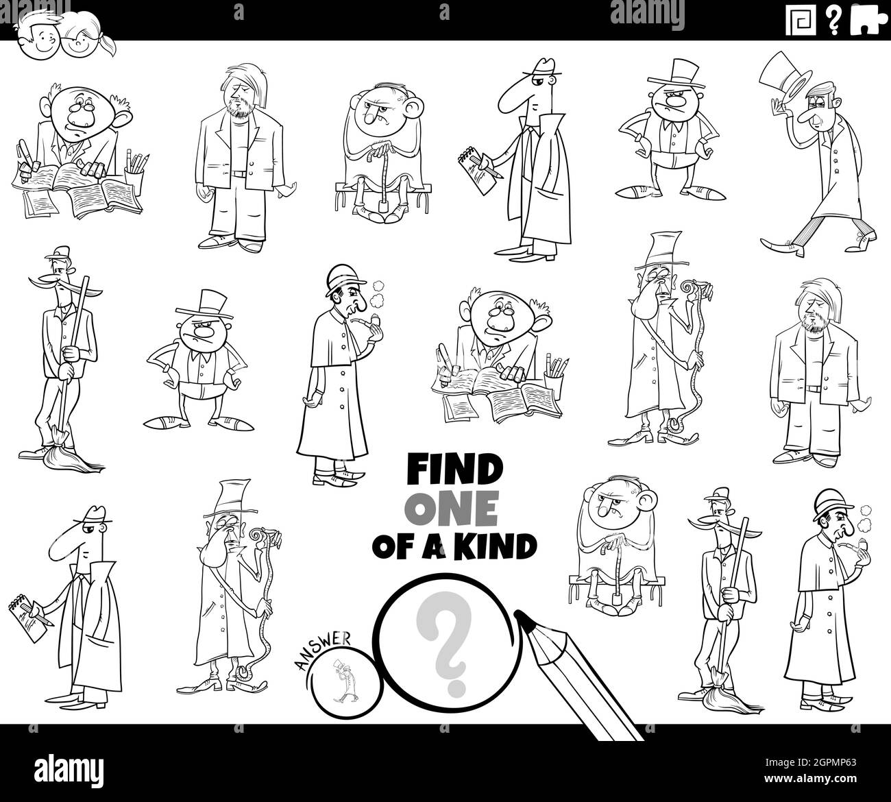 uno di un gioco tipo con fumetti uomini colorare pagina libro Illustrazione Vettoriale