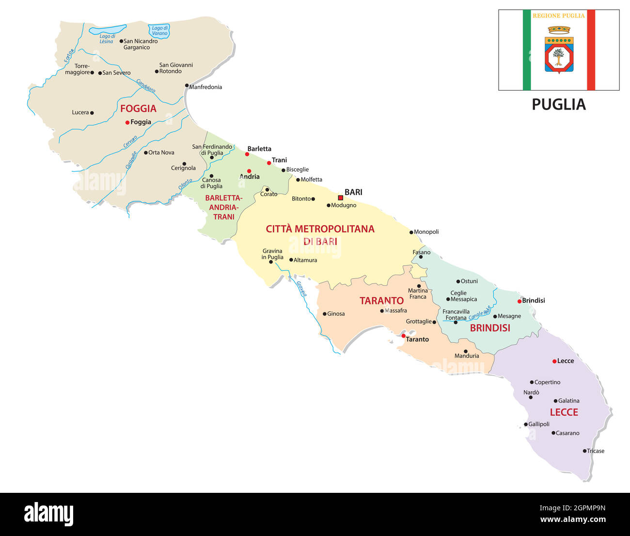 mappa vettoriale amministrativa e politica pugliese con bandiera Illustrazione Vettoriale