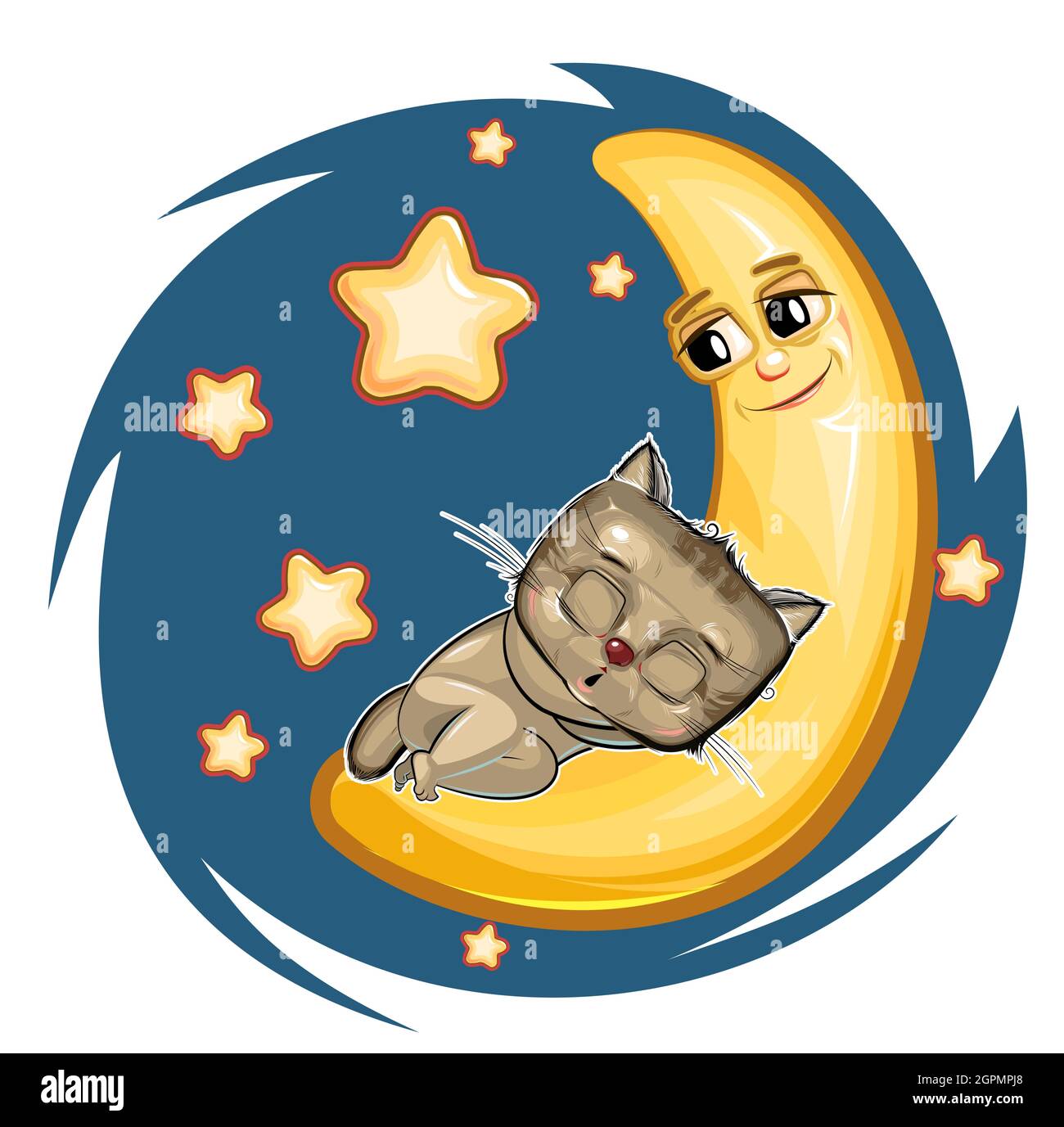 Kid Kitten dorme sulla luna. Sognare un sogno. Illustrazione dei bambini. Cielo notturno divertente. L'animale del bambino si addormentò. Immagine in stile cartoon. Isolato Illustrazione Vettoriale