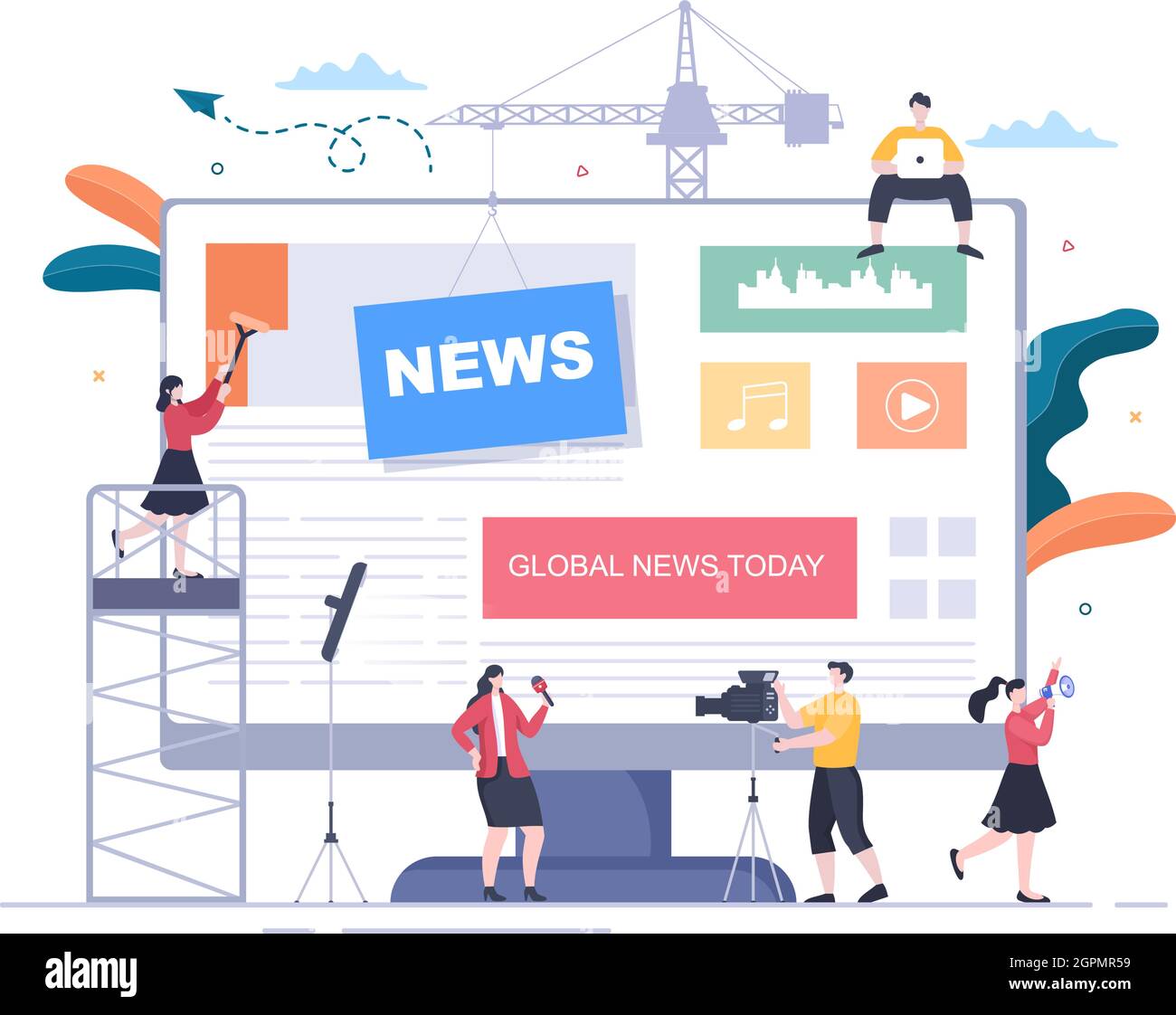 Breaking News Reporter background Vector Illustration with Broadcaster or Journalist on the Monitor About Information Incident, Activities, Weather Illustrazione Vettoriale