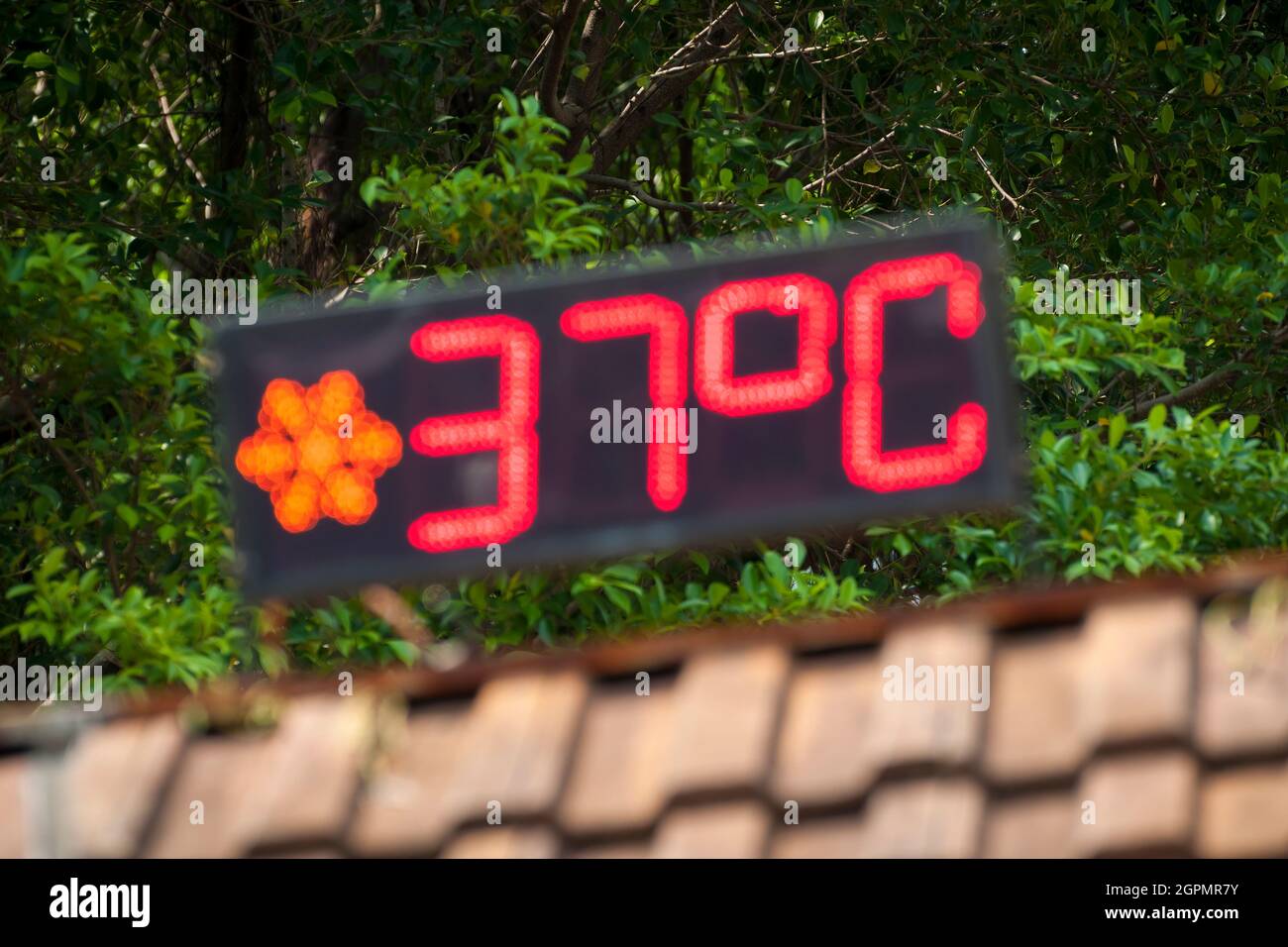 Un cartello LED in Discovery Bay, Lantau Island, Hong Kong, che indica una temperatura dell'aria di 37 gradi Celsius (98.6 Fahrenheit). Messa a fuoco differenziale - su Foto Stock