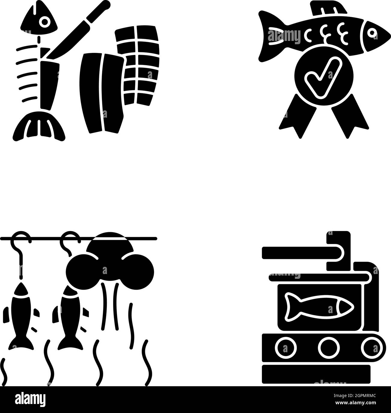 Icone glyph nero per la preparazione dei prodotti ittici impostate sullo spazio bianco Illustrazione Vettoriale