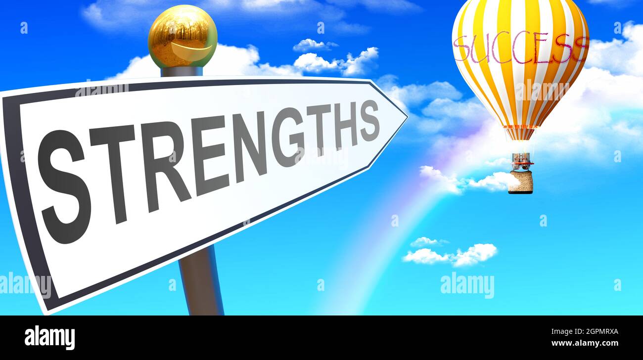 I Punti Di Forza Conducono Al Successo Indicato Come Segno Con Una Frase Punti Di Forza Che Indicano Il Palloncino Nel Cielo Con Le Nuvole Per Simbolizzare Il Significato Dei Punti