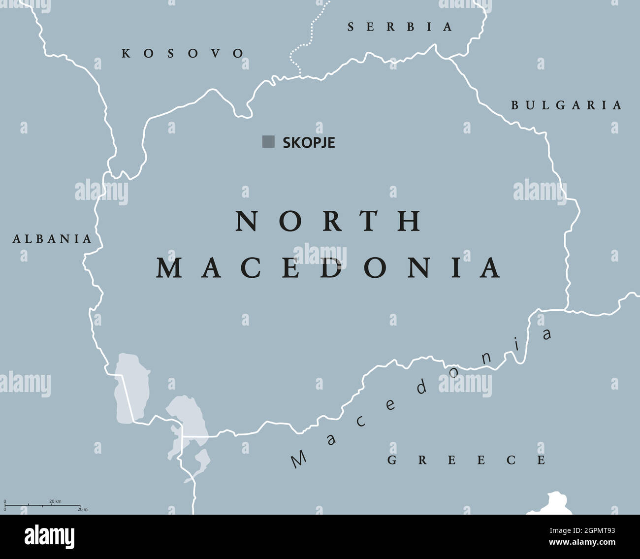 Macedonia settentrionale, mappa politica grigia, con capitale Skopje Illustrazione Vettoriale