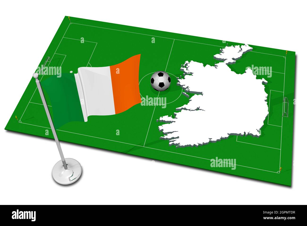 Irlanda. Bandiera nazionale con palla di calcio in primo piano. Sport football - Illustrazione 3D Foto Stock