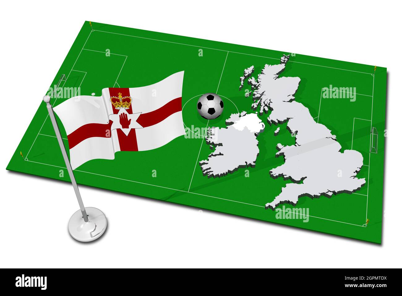 Irlanda del Nord. Bandiera nazionale con palla di calcio in primo piano. Sport football - Illustrazione 3D Foto Stock
