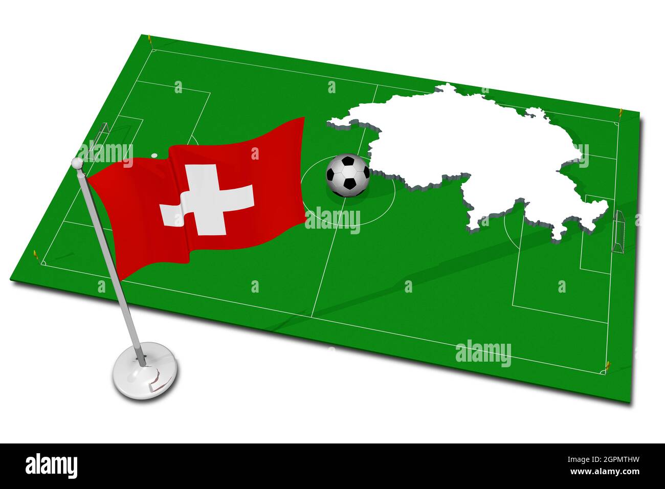 Svizzera. Bandiera nazionale con palla di calcio in primo piano. Sport football - Illustrazione 3D Foto Stock