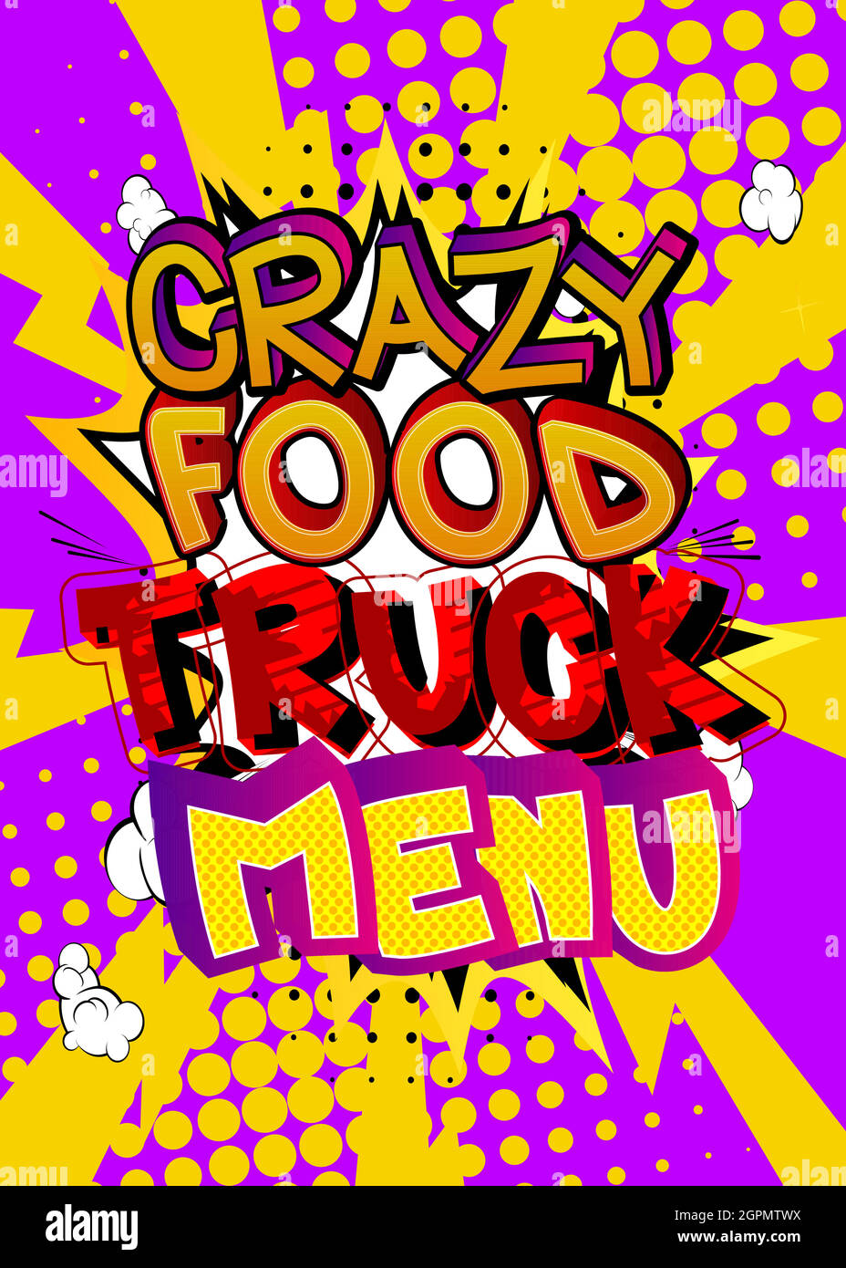 Crazy Food Truck Menu - testo in stile fumetto. Illustrazione Vettoriale