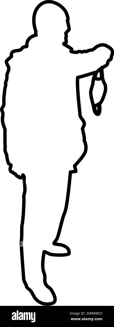 Uomo tenere faccia maschera medica in mano braccio indossare protezione personale polvere concetto Virus Coronavirus influenza epidemia prevenzione epidemia di influenza quarantena proteggere da aria inquinamento contorno contorno nero colore vettore illustrazione piatta immagine Illustrazione Vettoriale