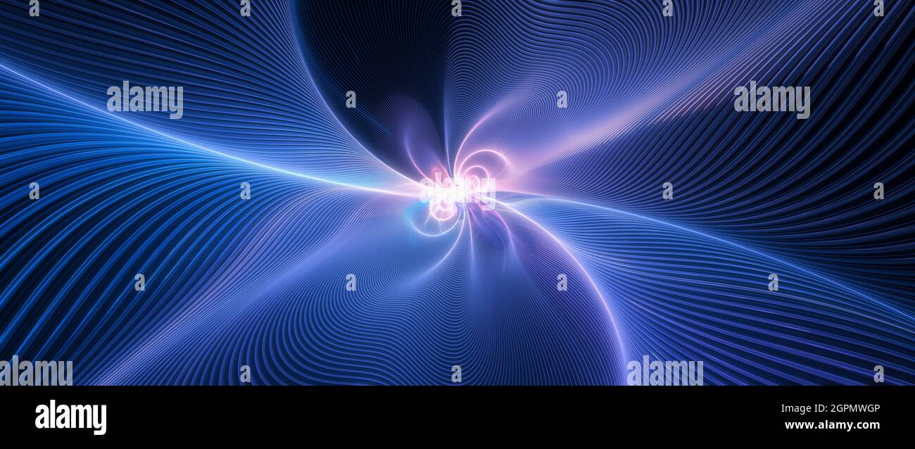 Traiettorie futuristiche futuristiche colorate e brillanti con fonte di energia, sfondo astratto generato dal computer, rendering 3D Foto Stock