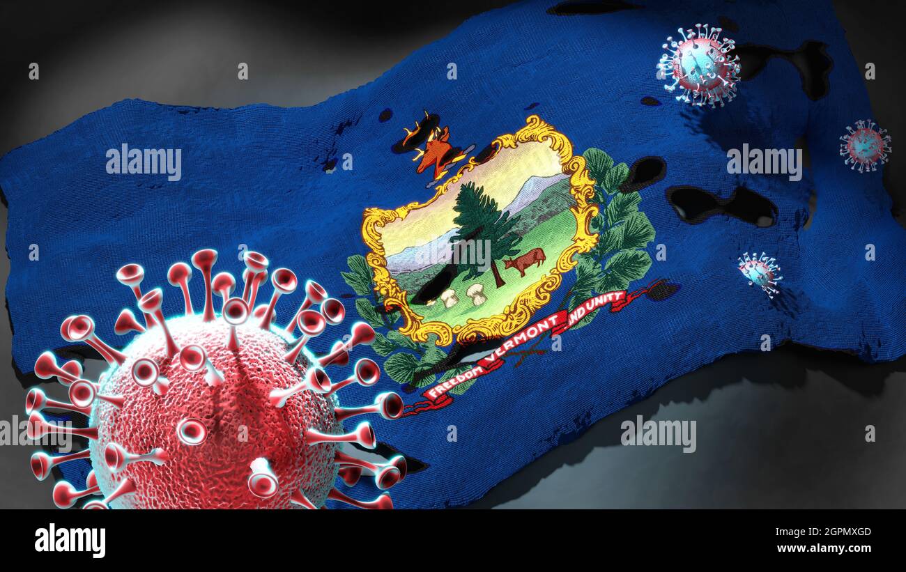 Covid in Vermont - coronavirus che attacca una bandiera di stato del Vermont come simbolo di una lotta e lotta con il virus pandemico in questo stato, 3d illustre Foto Stock