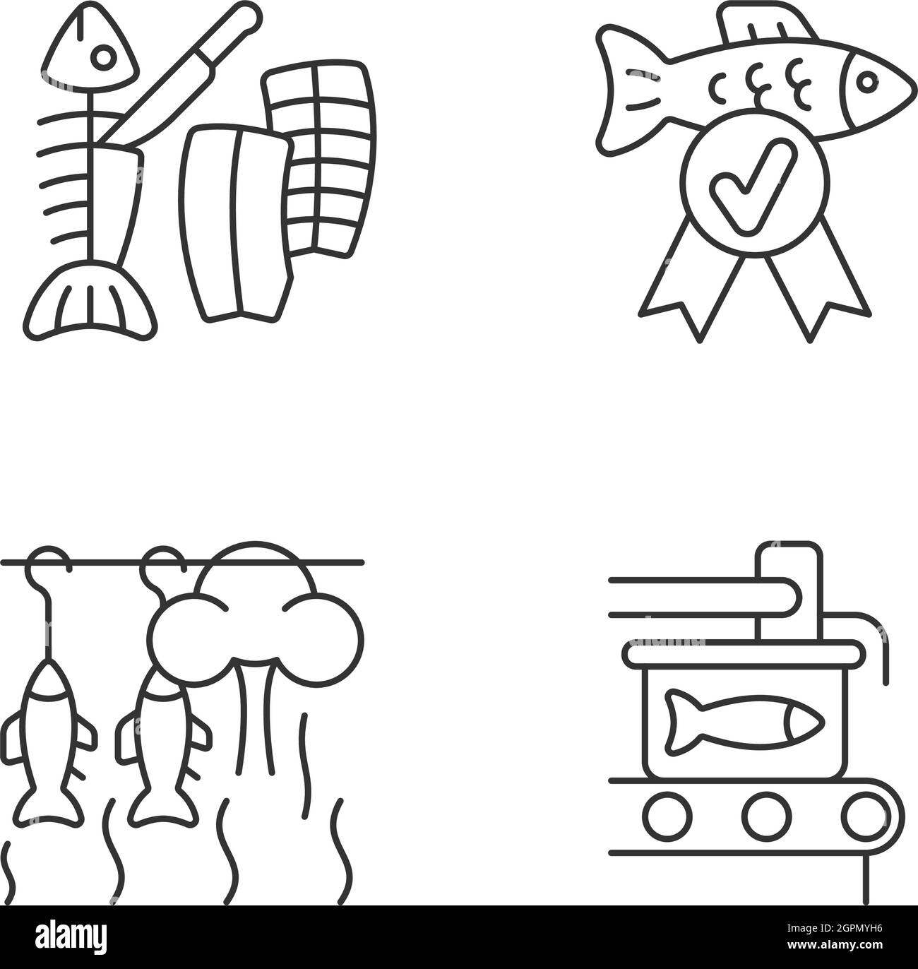 Set di icone lineari per la preparazione dei prodotti ittici Illustrazione Vettoriale