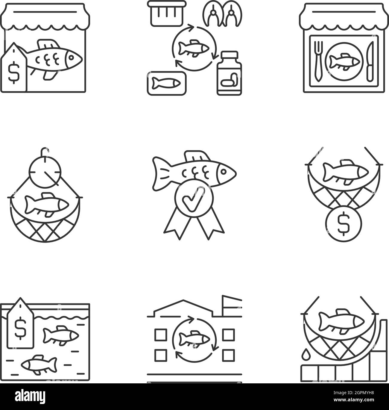 Set di icone lineari per la pesca commerciale Illustrazione Vettoriale