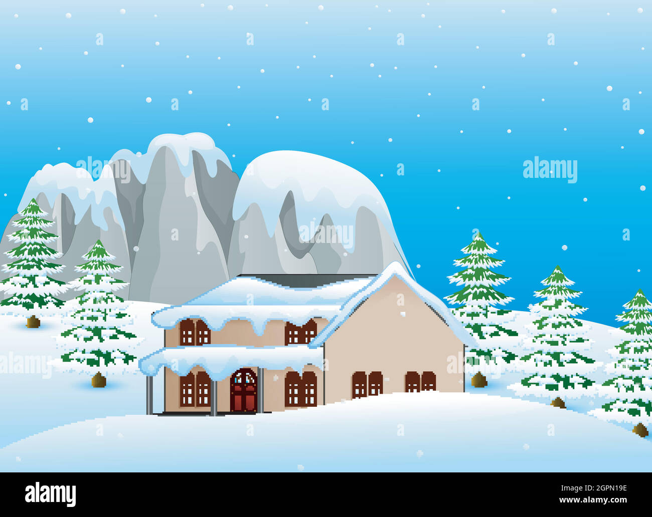 Paesaggio invernale con casa innevata e rocce innevate Illustrazione Vettoriale