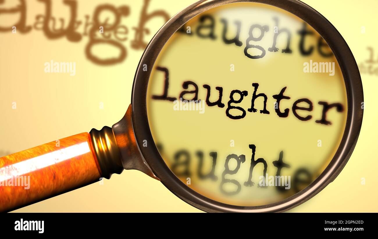 Risate e una lente d'ingrandimento sulla parola inglese Risate per simbolizzare lo studio, l'esame o la ricerca di una spiegazione e risposte relative ad un con Foto Stock