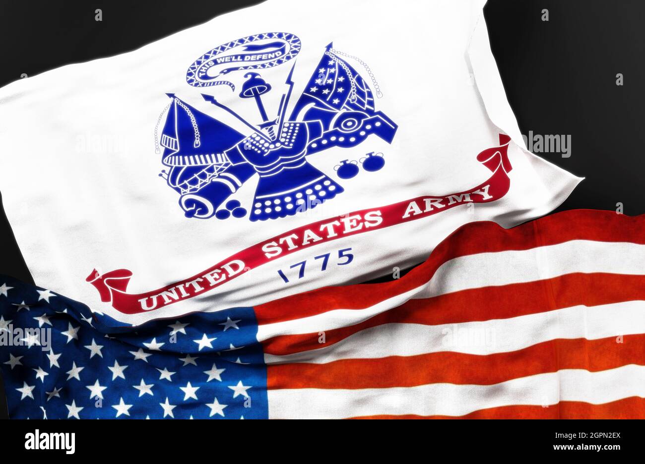 Bandiera dell'esercito degli Stati Uniti con una bandiera degli Stati Uniti d'America come simbolo di un collegamento tra loro, illustrazione 3d Foto Stock