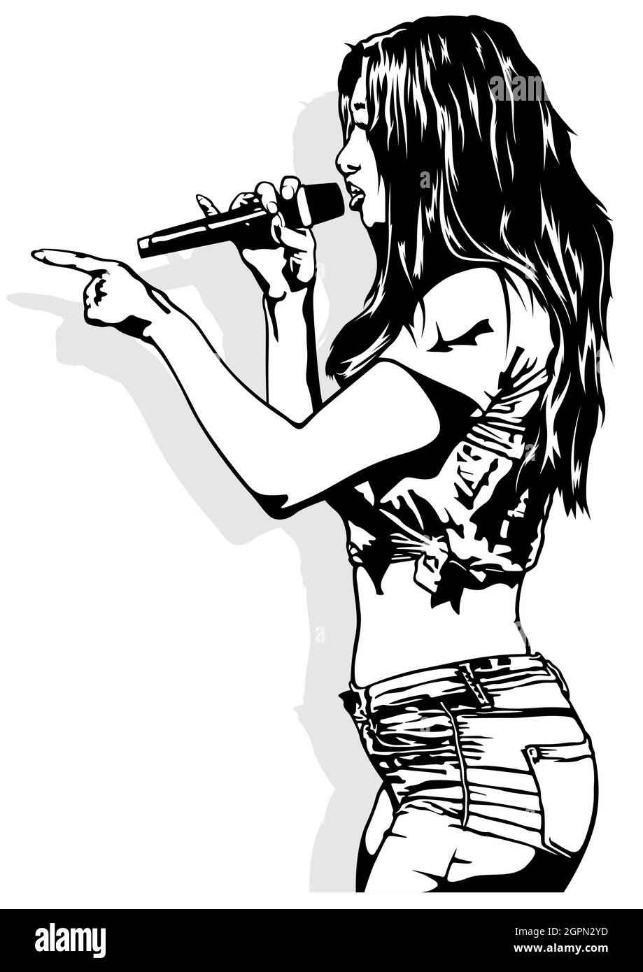 Donna con microfono e canto bianco e nero Illustrazione Vettoriale