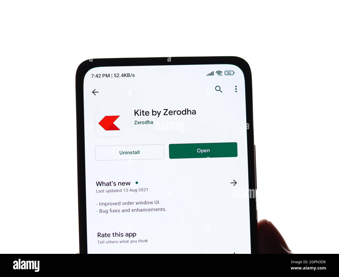 West Bangal, India - 28 settembre 2021 : Kite by zerodha logo on phone screen stock image. Foto Stock