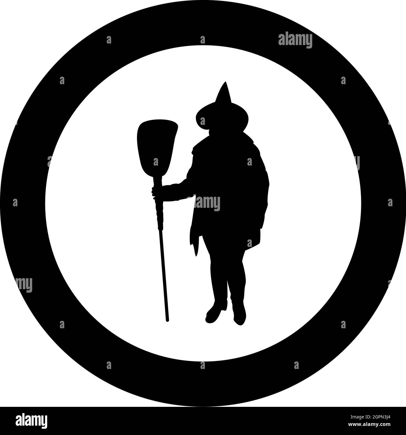 Fata Wizard Witch in piedi con scopa soggetto per Halloween concetto silhouette in cerchio rotondo colore nero vettore illustrazione solido contorno stile immagine Illustrazione Vettoriale