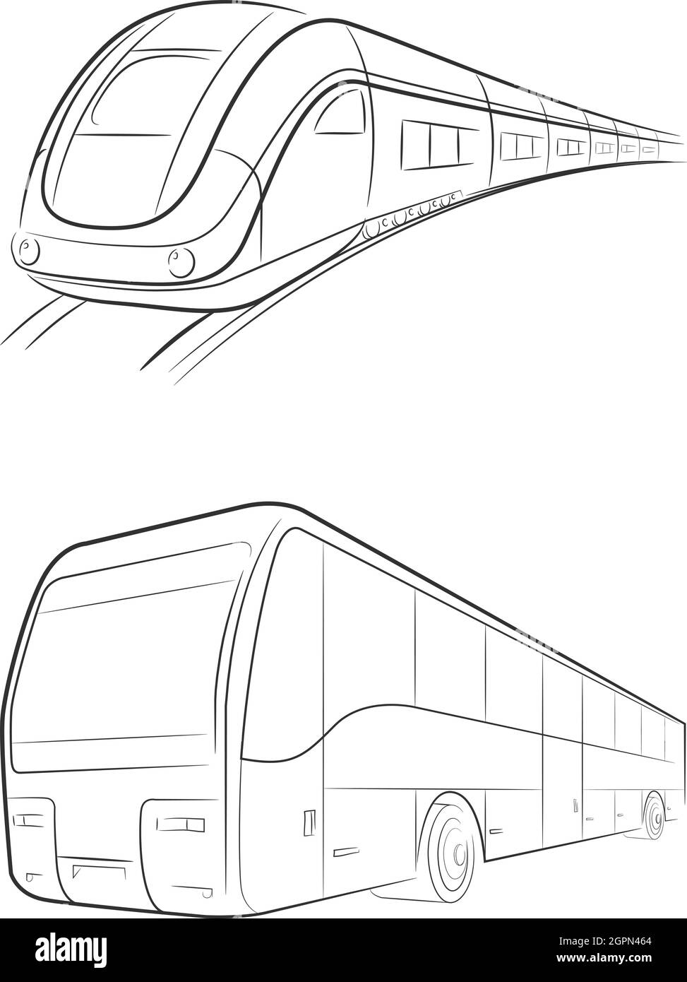 Schizzo Bullet treno trasporto autobus Doodle viaggio disegno a mano Illustrazione Vettoriale