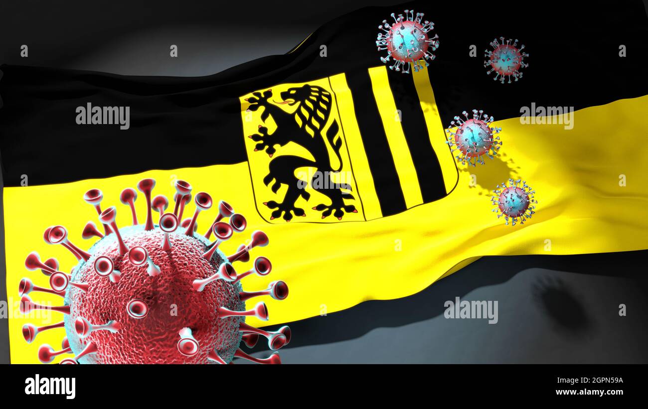 Covid a Dresda - coronavirus che attacca una bandiera della città di Dresda come simbolo di una lotta e lotta contro la pandemia del virus in questa città, 3d Illustrat Foto Stock