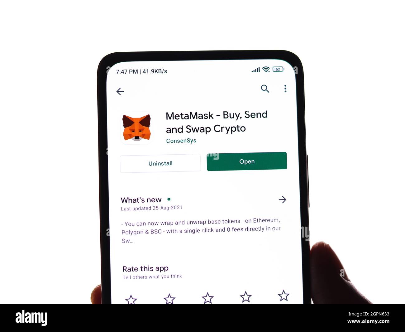 West Bangal, India - 28 settembre 2021 : MetaMask logo sullo schermo del telefono immagine stock. Foto Stock