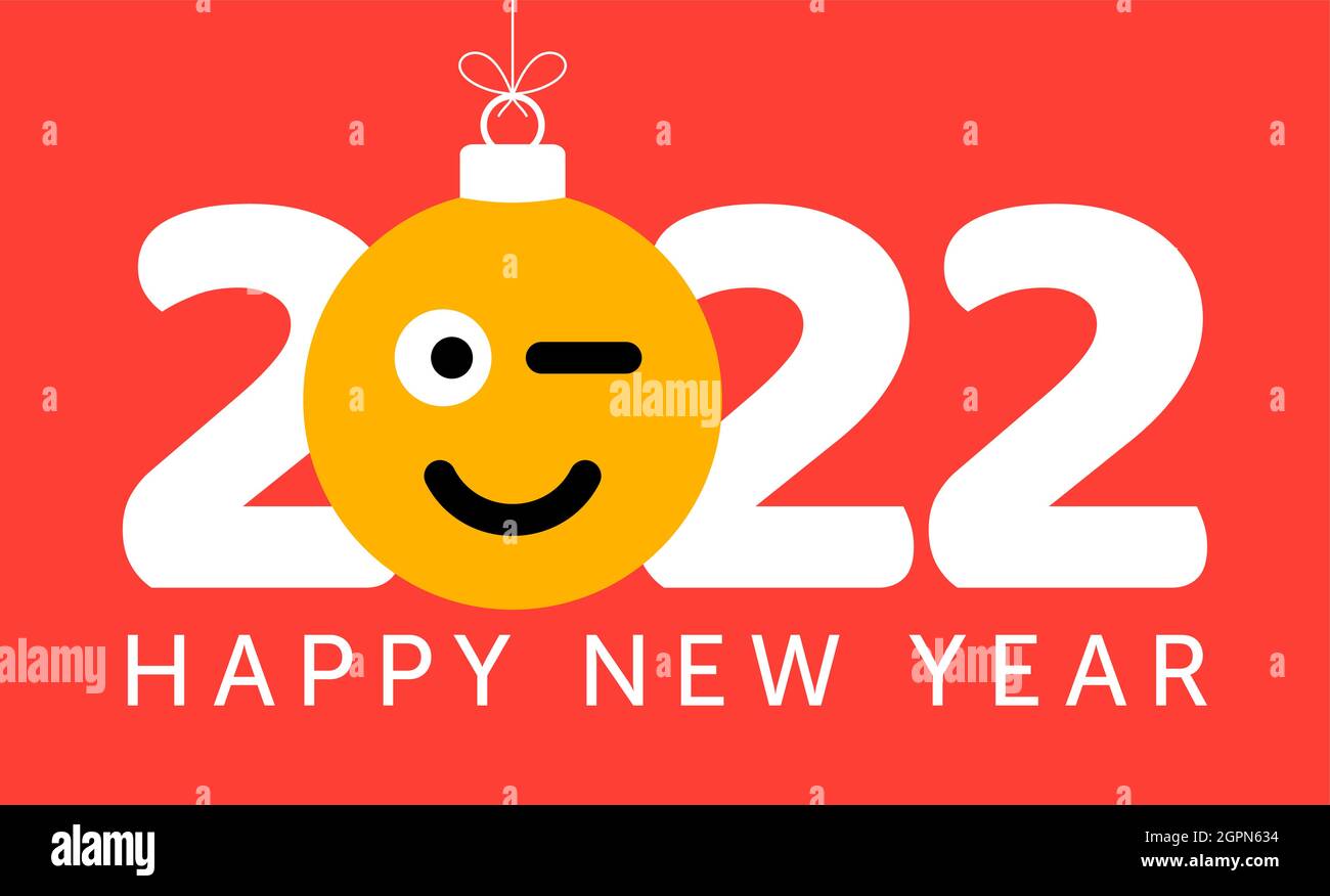 Biglietto d'auguri per il nuovo anno 2022 con il viso emoji sorridente che pende sul filo come un giocattolo di natale, palla o bauble. Nuovo anno emozionale concetto male vettore Illustrazione Vettoriale