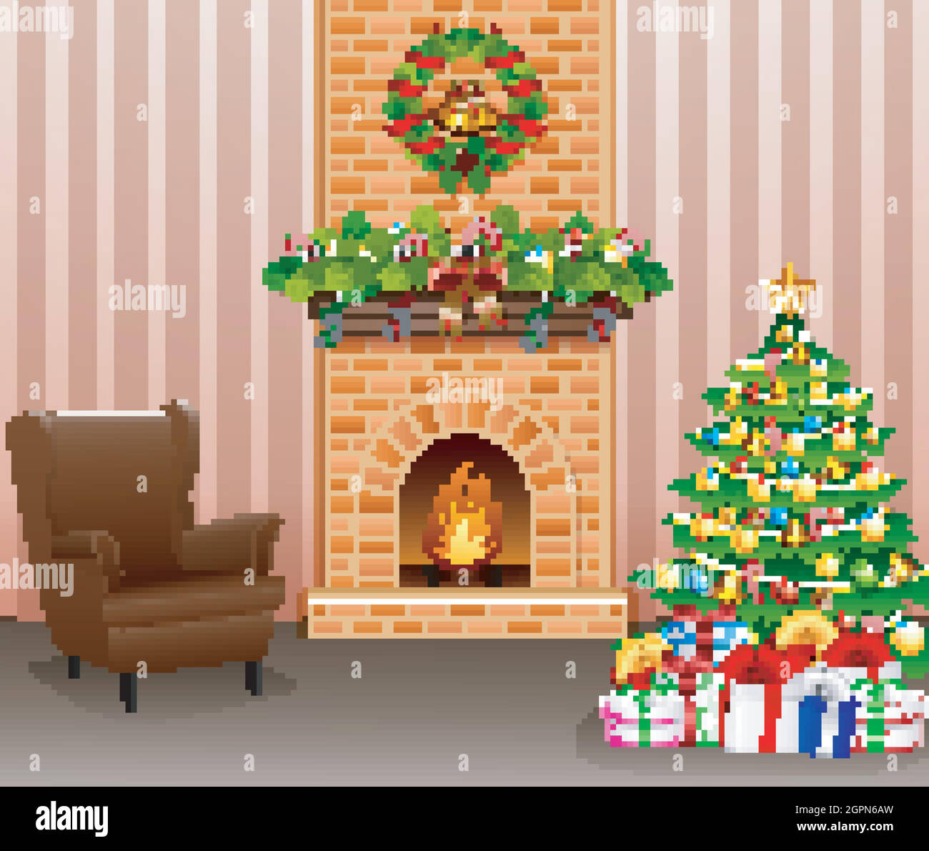 Camino natalizio con albero di Natale, regali e poltrona Immagine e  Vettoriale - Alamy