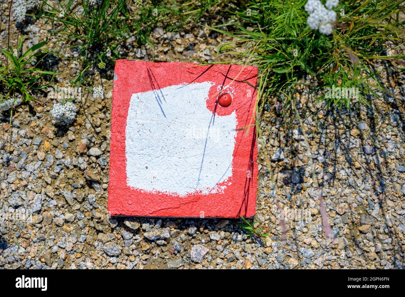 Punto di misurazione rosso e bianco per il rilevamento della terra sulla diga lungo il Danubio, Austria Foto Stock