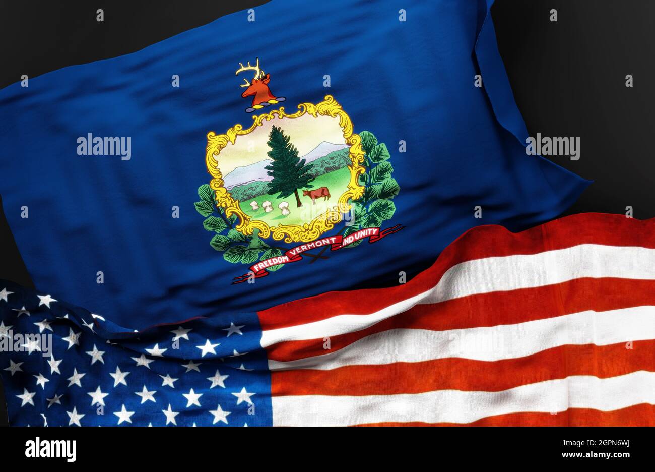 Bandiera del Vermont con una bandiera degli Stati Uniti d'America come simbolo di un collegamento tra loro, illustrazione 3d Foto Stock