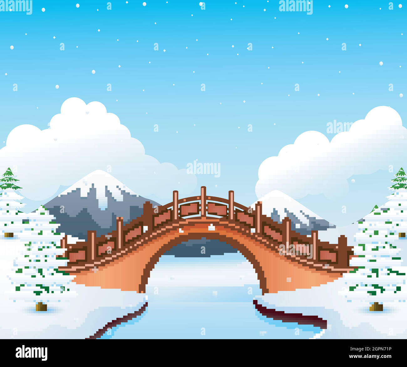 Paesaggio invernale con montagna e piccolo ponte di pietra sul fiume Illustrazione Vettoriale
