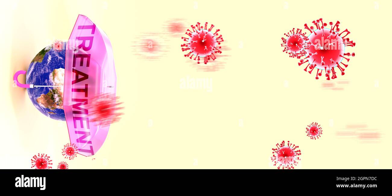 Trattamento Covid - il virus corona che attacca la Terra che è protetta da un ombrello con il trattamento della parola inglese come simbolo di una lotta umana con coronavi Foto Stock