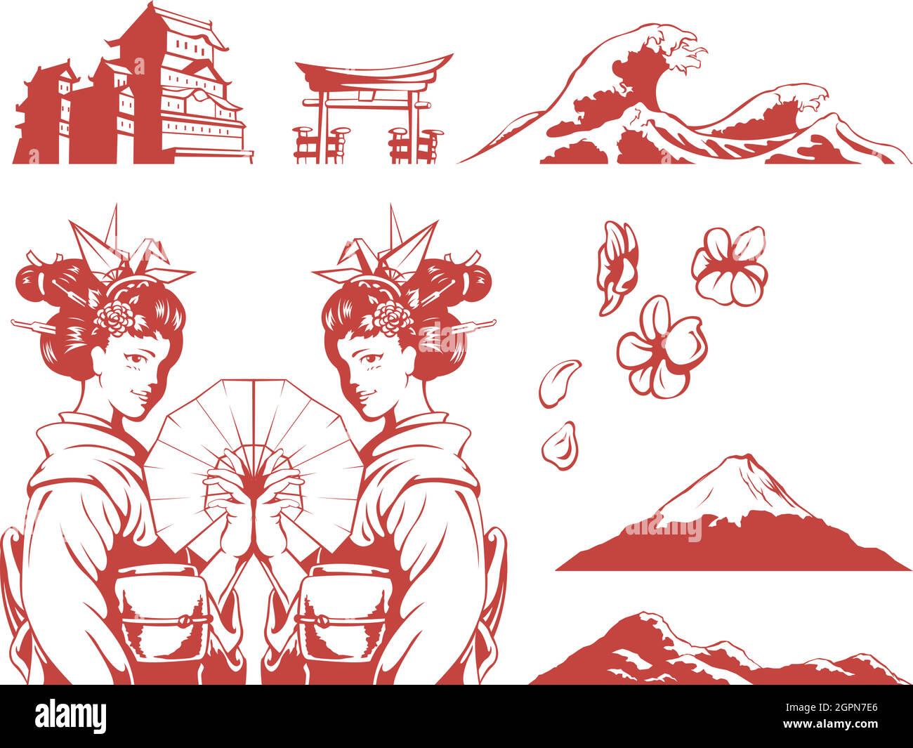 Silhouette Japan Wave Geisha Shrine Black Illustrazione contorno disegno Illustrazione Vettoriale