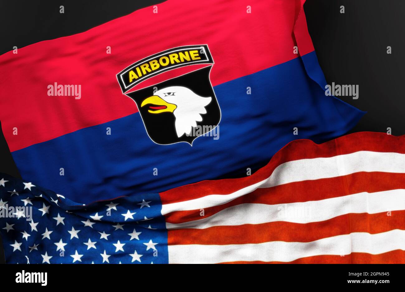 Bandiera della US 101st Airborne Division insieme ad una bandiera degli Stati Uniti d'America come simbolo di un collegamento tra loro, illustrazione 3d Foto Stock