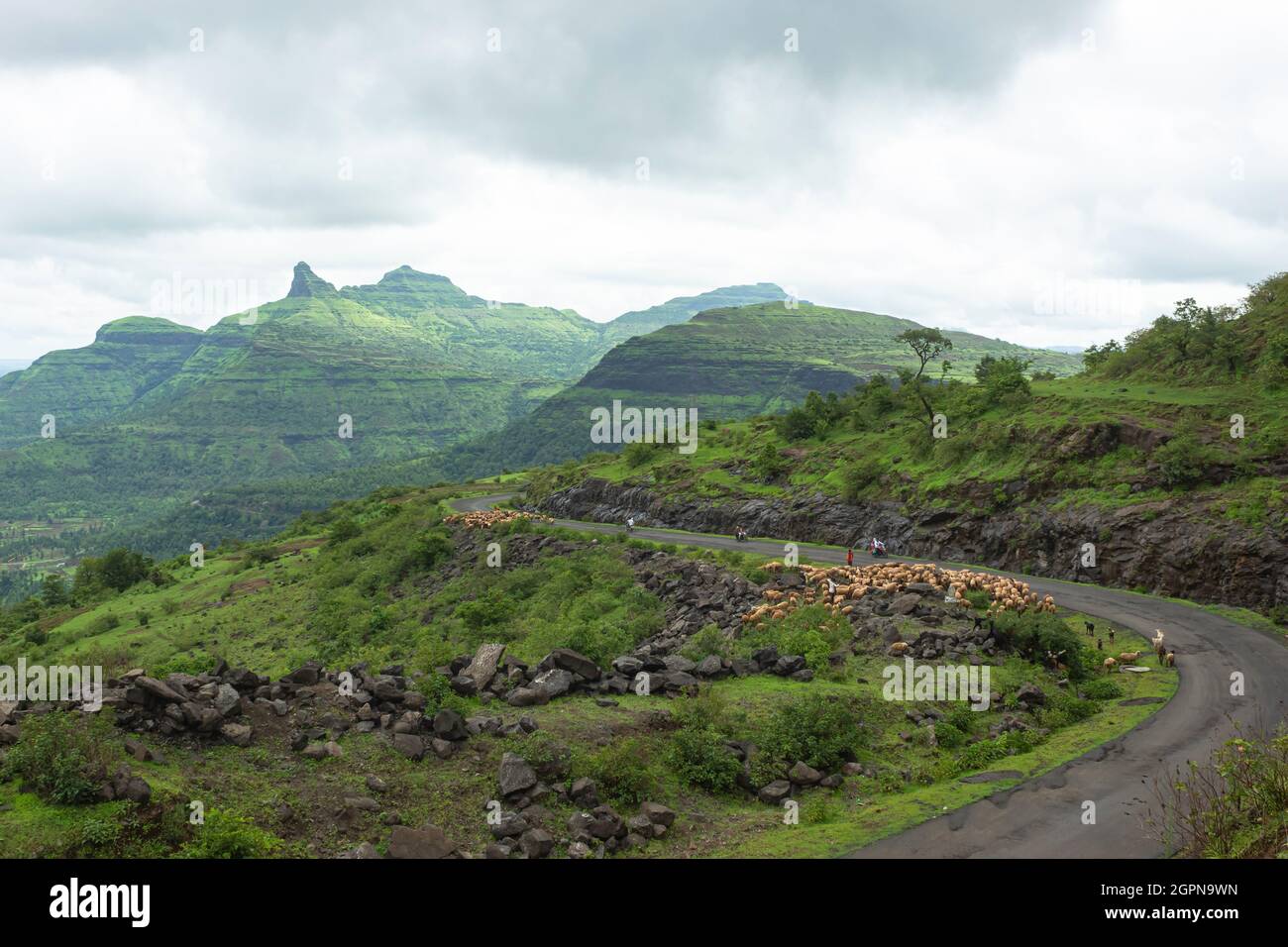 Vista del punto di Chikar e del ghat di Telai dal forte di Salher, Nashik, Maharashtra. India. Foto Stock
