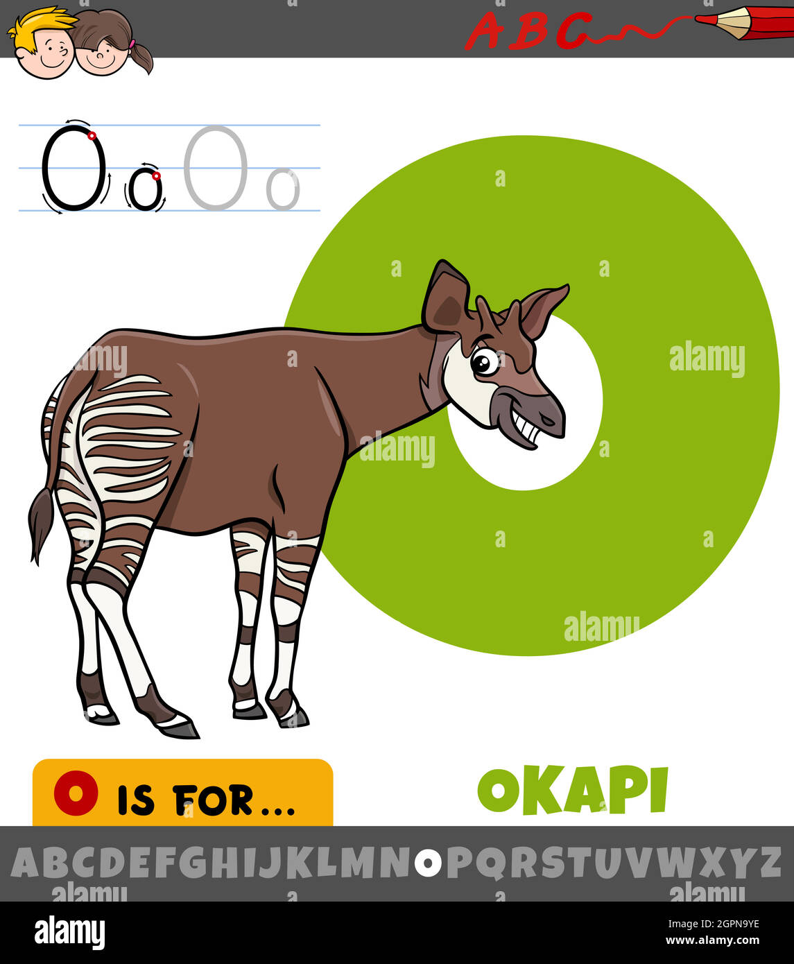 Lettera o dall'alfabeto con carattere okapi animale Illustrazione Vettoriale
