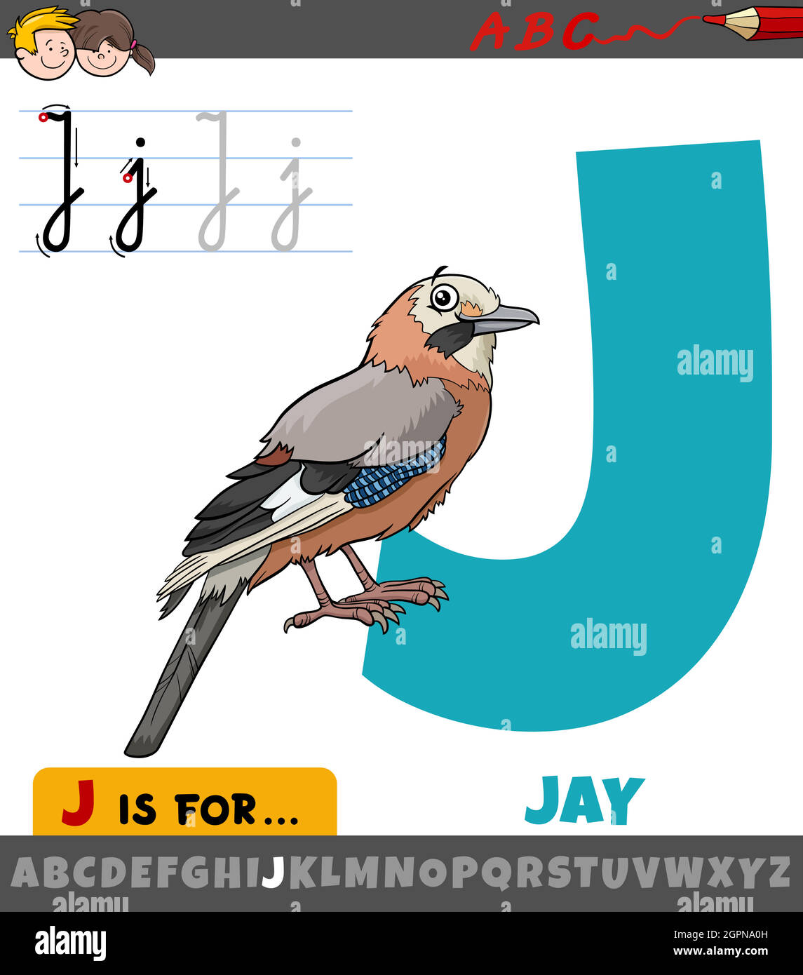 Lettera e dall'alfabeto con carattere animale di uccello jay cartone animato Illustrazione Vettoriale