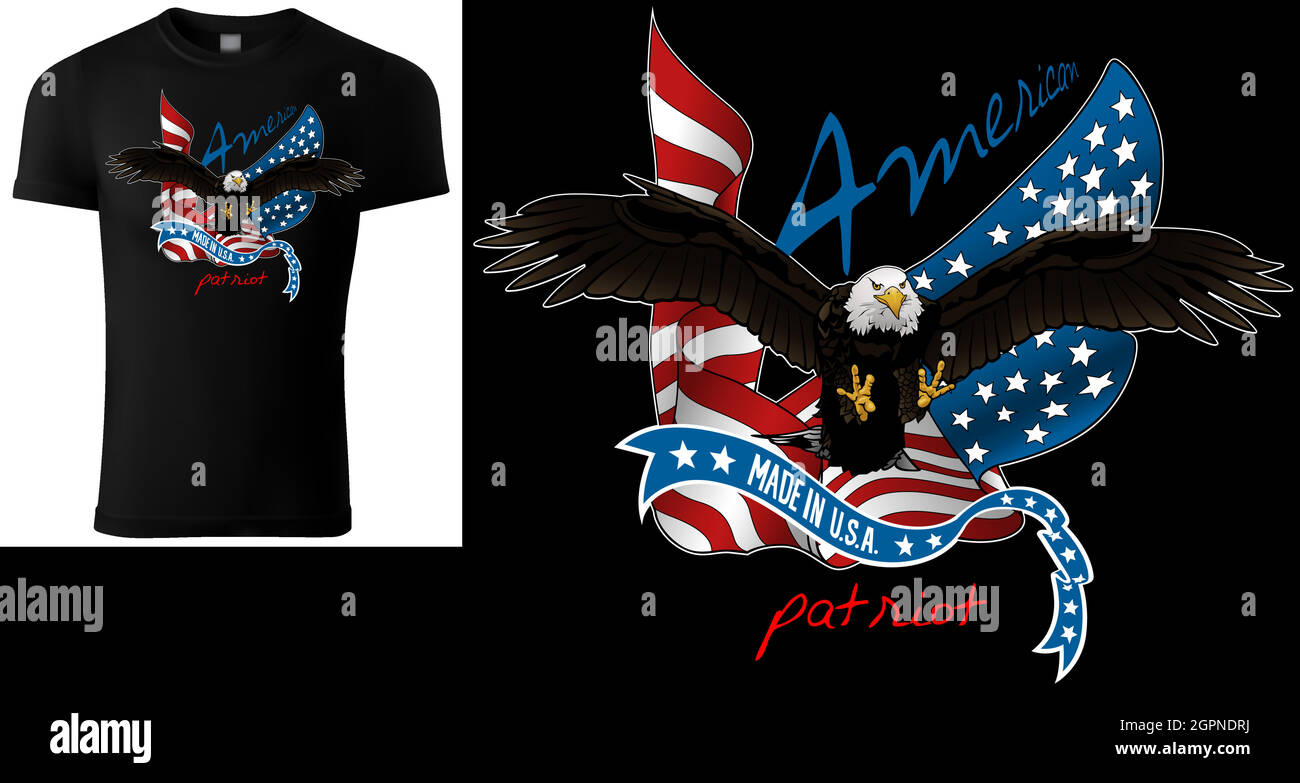 T-shirt Design con Flying Bald Eagle e US Flag Illustrazione Vettoriale