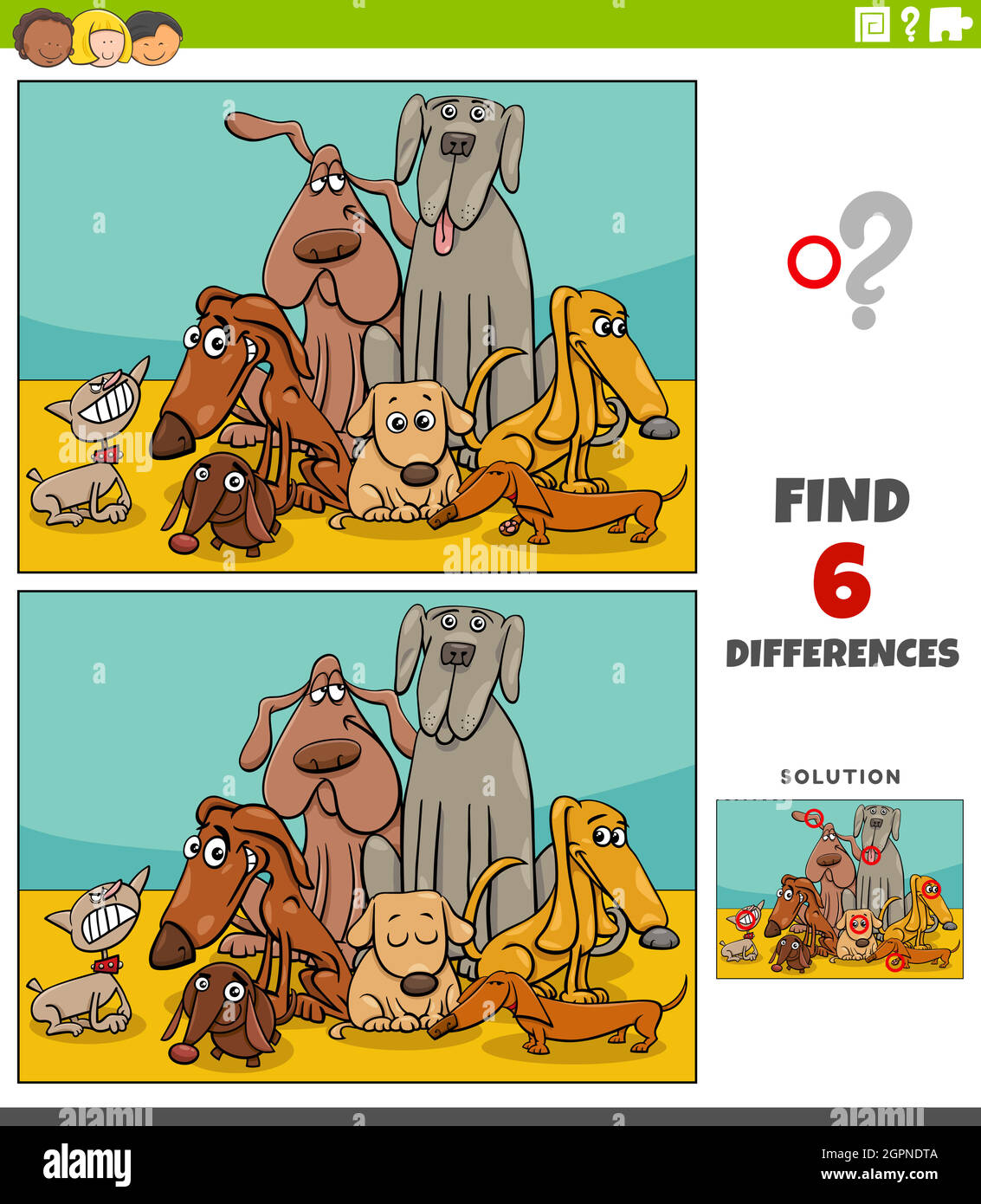differenze gioco educativo con gruppo di cani cartoni animati Illustrazione Vettoriale