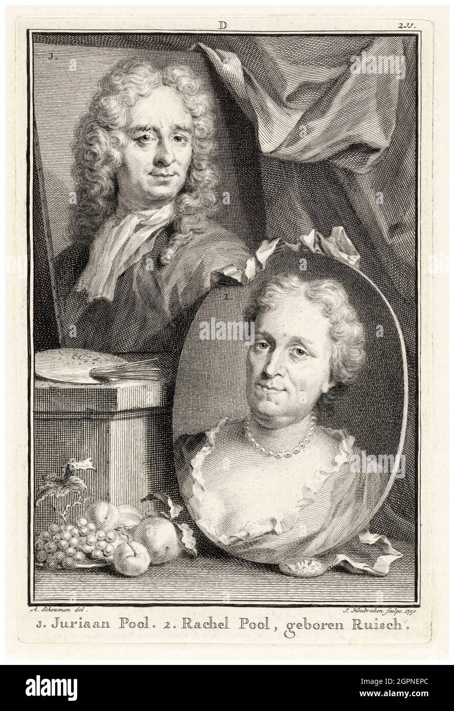 Rachel Pool-Ruysch (Rachel Ruysch) (1664-1750), pittore olandese Still Life e suo marito, artista Juriaen Pool (1666-1745), incisione ritratto di Jacob Houbraken dopo Aert Schouman, 1750 Foto Stock