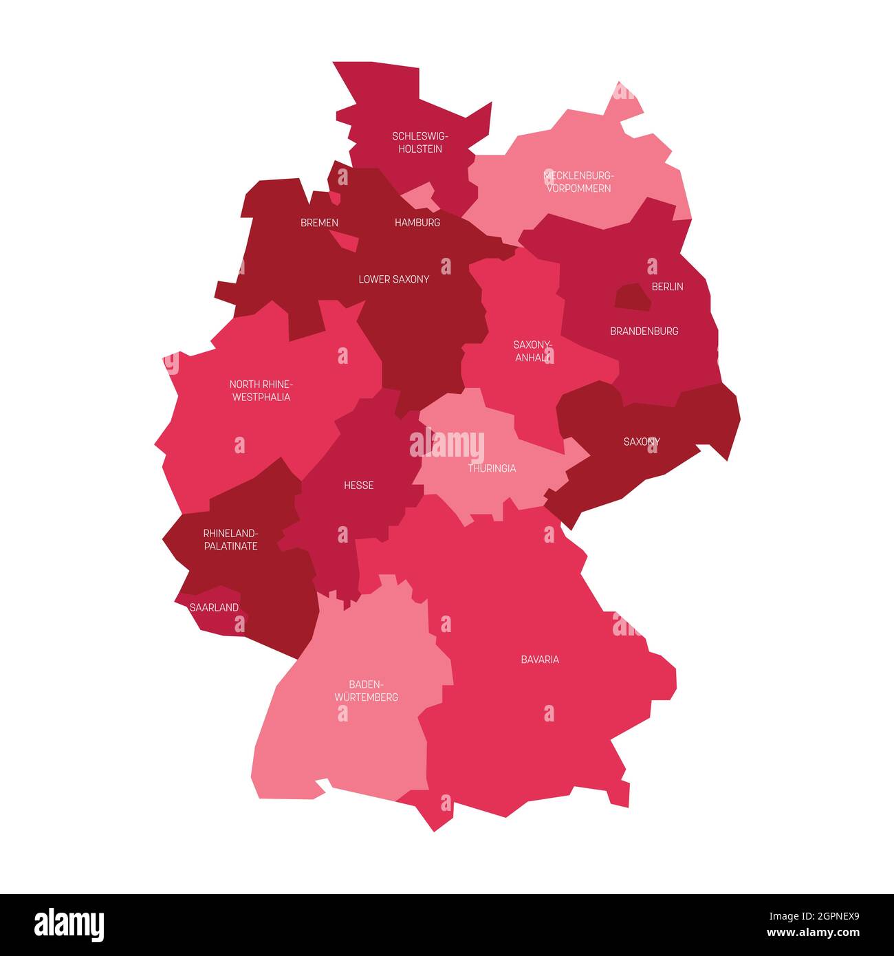 Carta politica rosa della Germania. Divisioni amministrative - Stati federali e 3 città-stati - Berlino, Brema e Amburgo. Semplice mappa vettoriale piatta con etichette Illustrazione Vettoriale