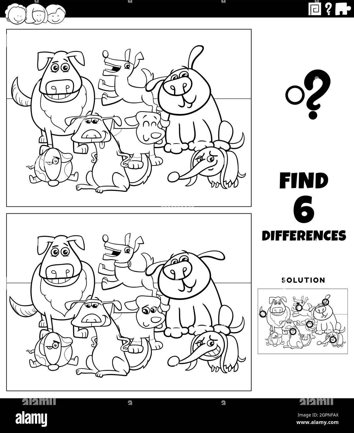 differenze gioco con cartoon cani colorare pagina libro Illustrazione Vettoriale