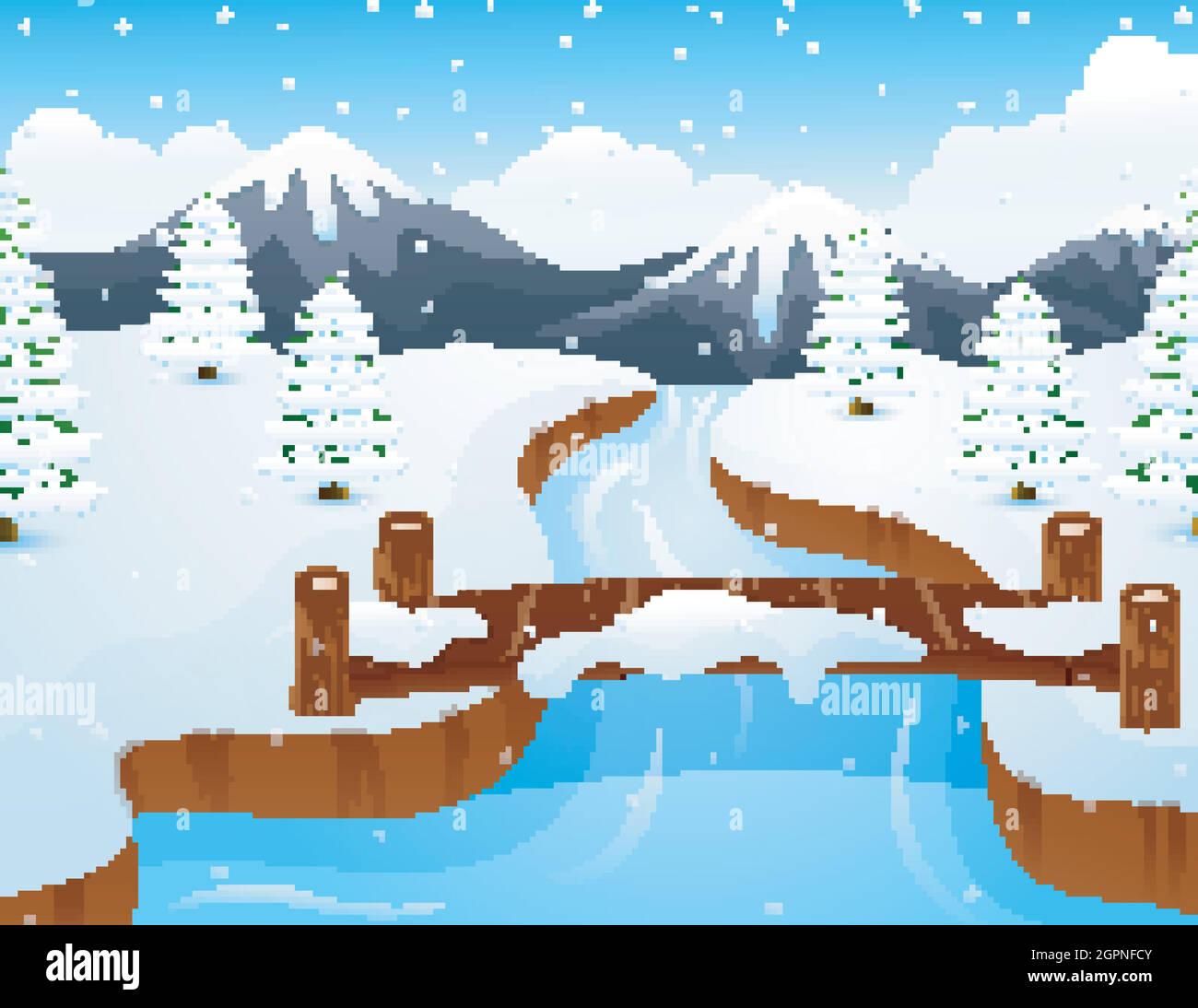 Paesaggio invernale Cartoon con montagne e piccolo ponte di legno sopra fiume Illustrazione Vettoriale