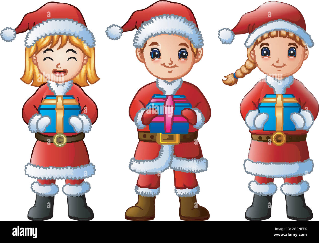 Tre bambini cartoni animati con regali di natale Illustrazione Vettoriale