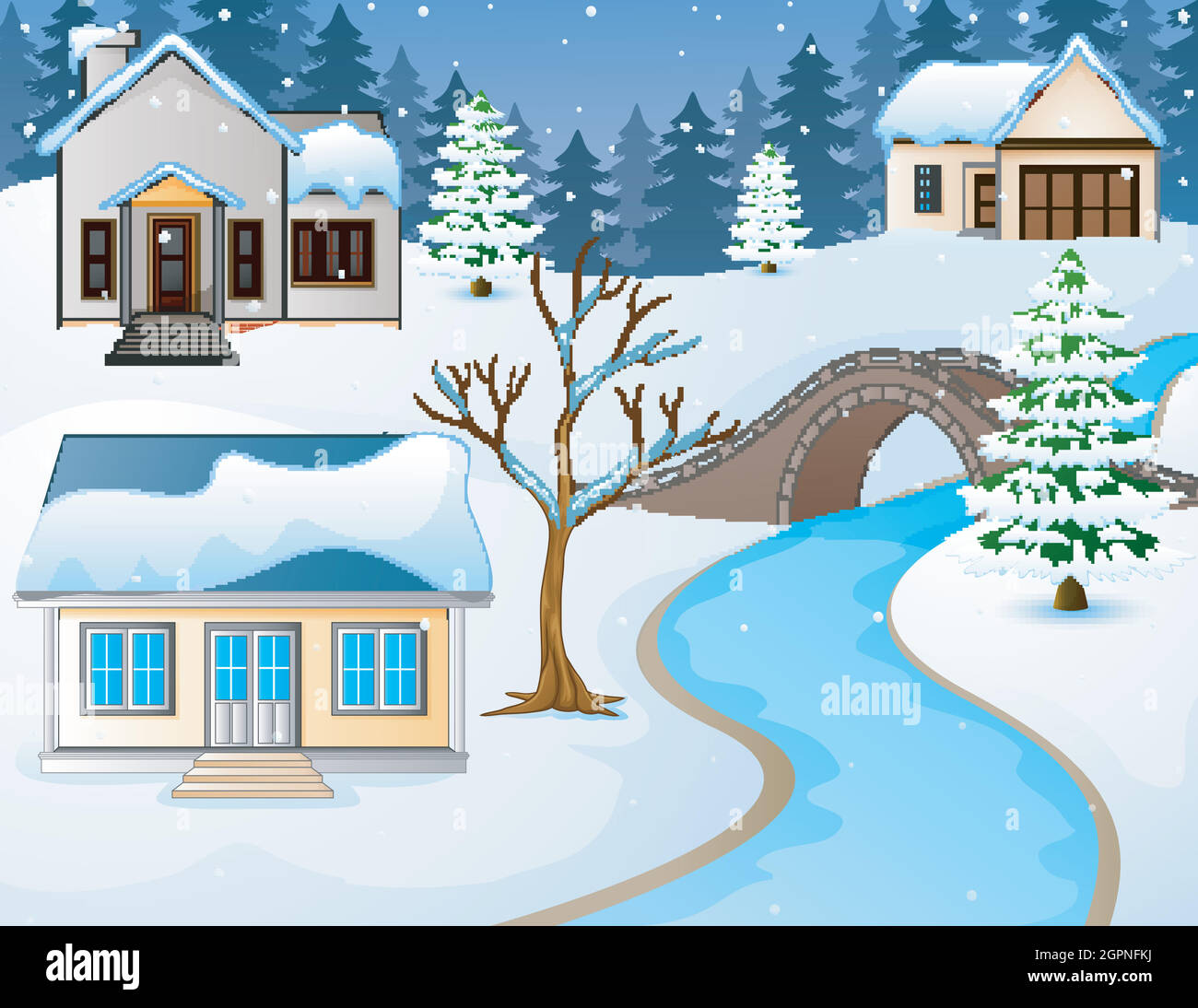 Paesaggio rurale invernale Cartoon con case e ponte di pietra sul fiume Illustrazione Vettoriale