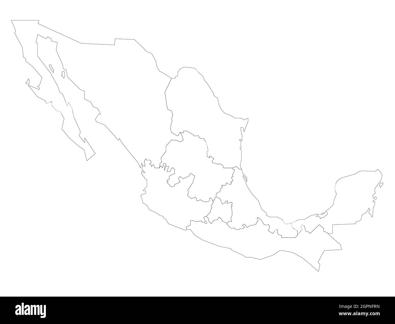Mappa politica del Messico. Divisioni amministrative - regioni. Semplice mappa vettoriale a contorno nero vuota piatta. Illustrazione Vettoriale