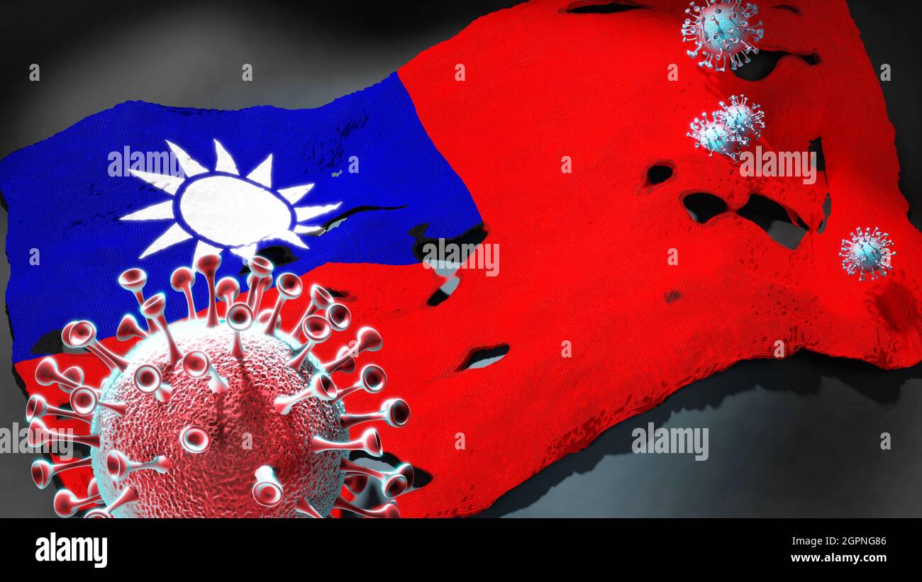 Covid in Taiwan Provincia della Cina - coronavirus che attacca una bandiera nazionale di Taiwan Provincia della Cina come simbolo di una lotta e lotta con il vir Foto Stock