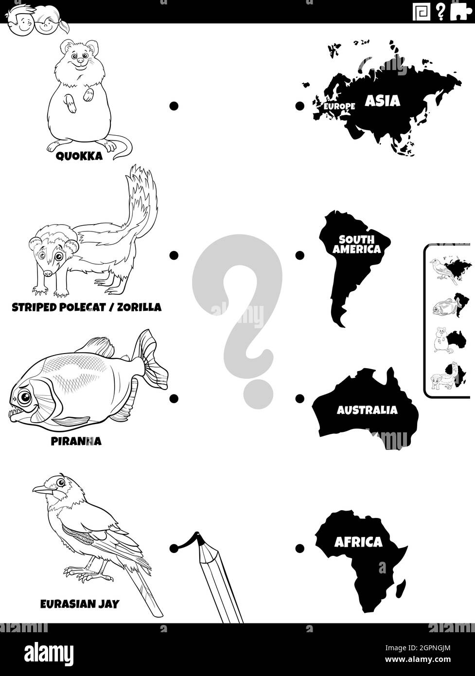 match animali e continenti attività colorare pagina libro Illustrazione Vettoriale